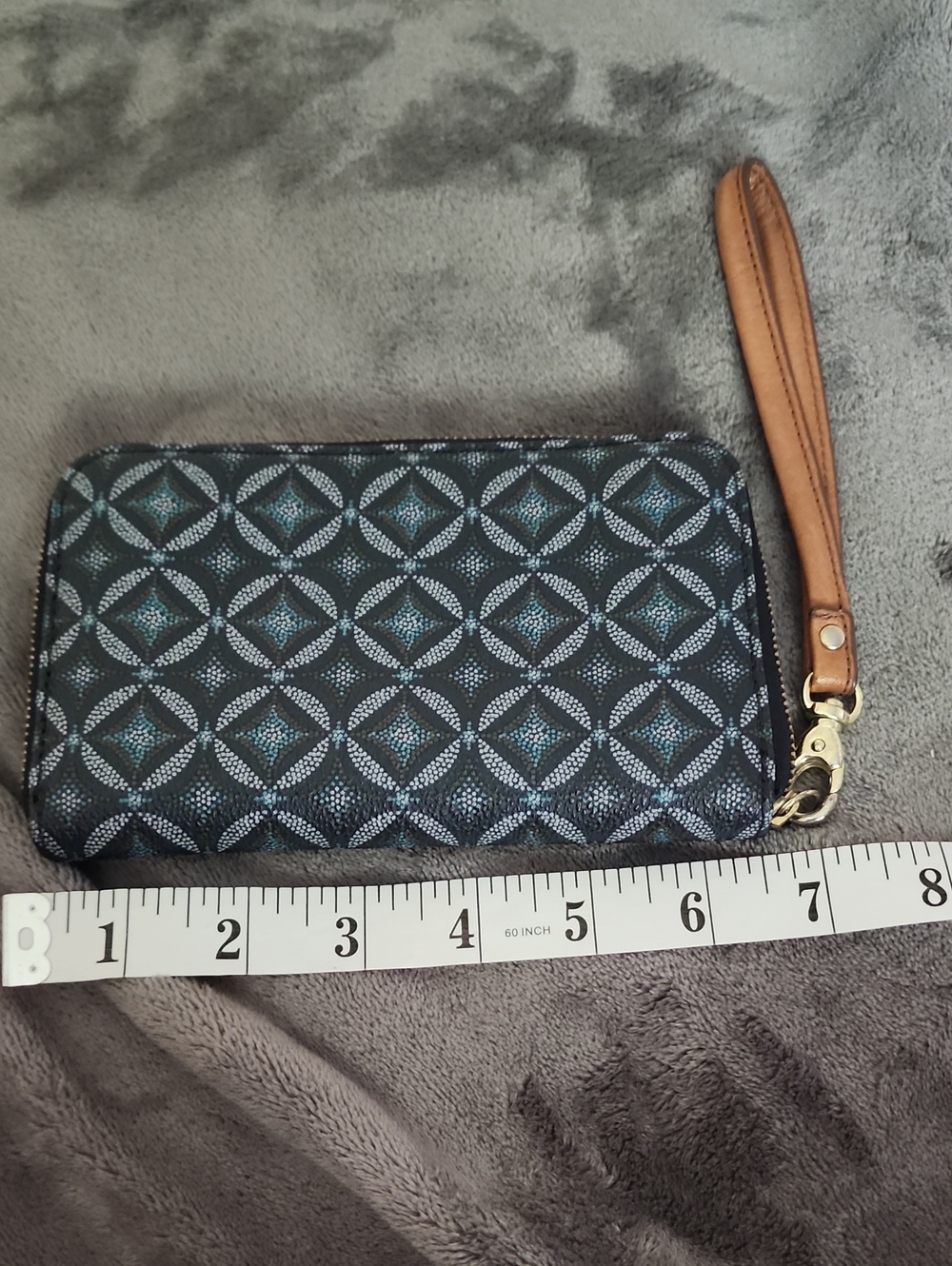 Fossil Patterned Wristlet Wallet in Teal and Navy